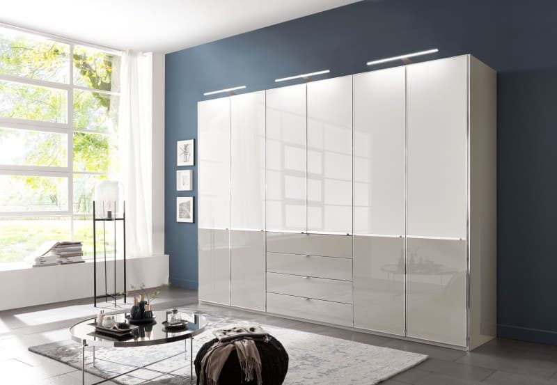 Drehtürenschrank - inkl. vier Auszüge, B. ca. 300 cm, Glas Weiß, Kieselgrau