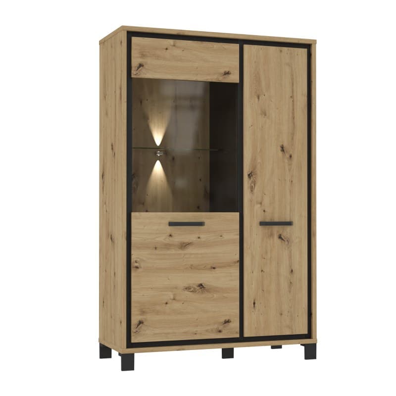 Highboardvitrine FARIDA - mit Beleuchtung, Eiche Dekor, Schwarz