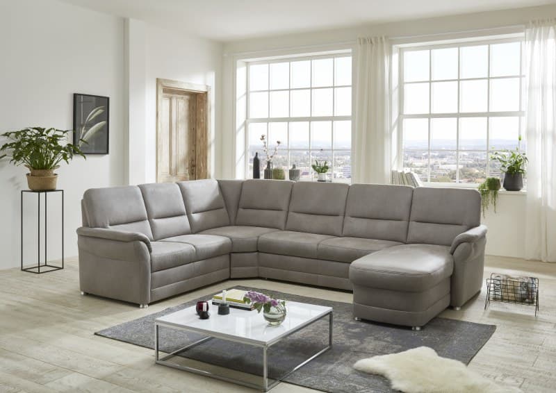 Wohnlandschaft - Ecke links mit 2-Sitzer und Longchair rechts, Stoff, Alufarben