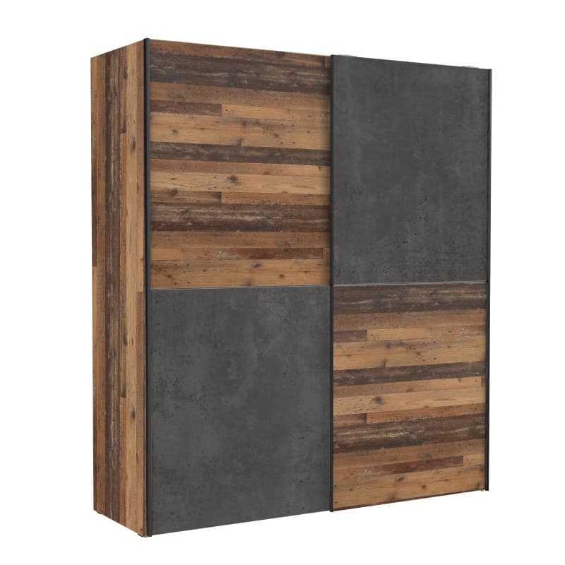Schwebetürenschrank FRITZO - B. ca. 170 cm, Vintage Holz Dekor, Betonoptik Dunkelgrau