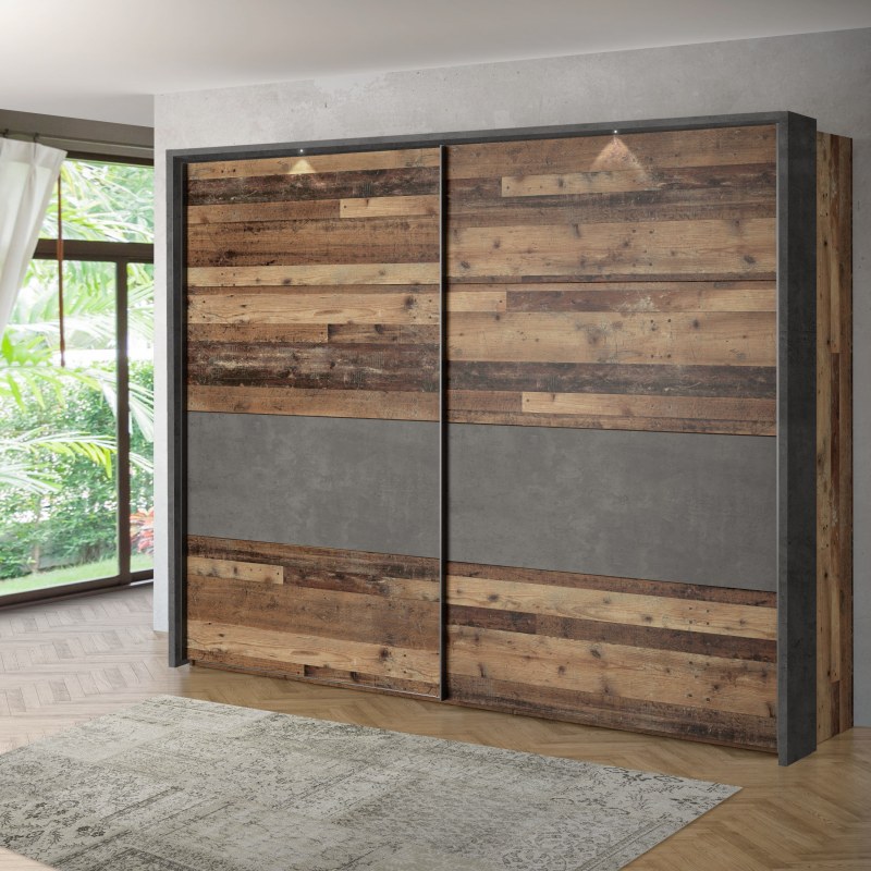 Schwebetürenschrank FEA - mit Passpartout, mit Beleuchtung, B. ca. 270 cm, Old Wood Vintage Dekor, Betonoptik Dunkelgrau