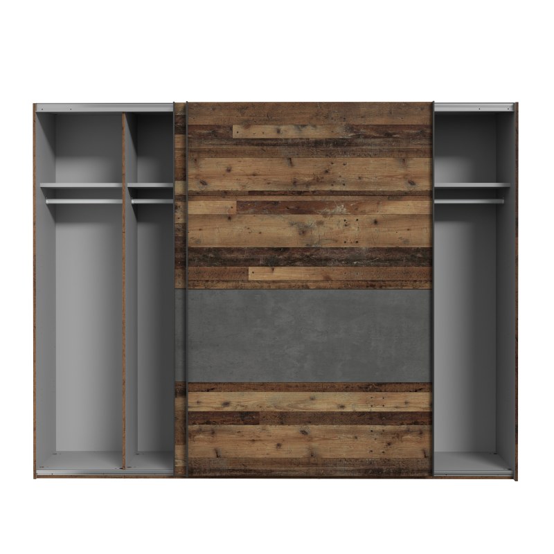 Schwebetürenschrank FEA - mit Passpartout, mit Beleuchtung, mit Dämpfungsbeschlägen, B. ca. 270 cm, Old Wood Vintage Dekor, Betonoptik Dunkelgrau