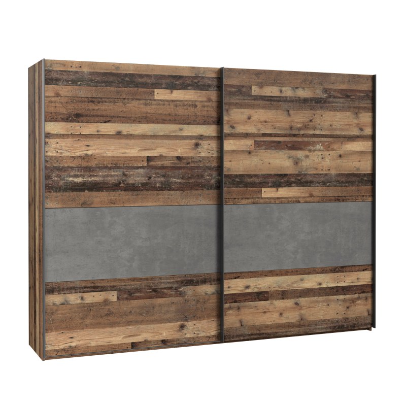 Schwebetürenschrank FEA - mit Passpartout, mit Beleuchtung, mit Dämpfungsbeschlägen, B. ca. 270 cm, Old Wood Vintage Dekor, Betonoptik Dunkelgrau