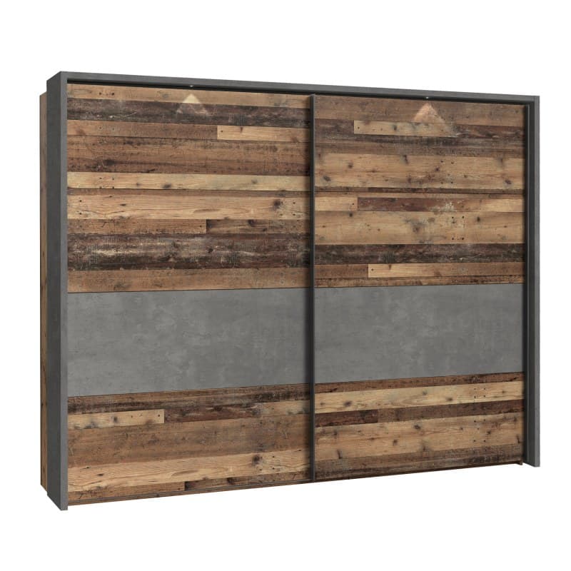 Schwebetürenschrank FEA - mit Passpartout, mit Beleuchtung, mit Dämpfungsbeschlägen, B. ca. 270 cm, Old Wood Vintage Dekor, Betonoptik Dunkelgrau