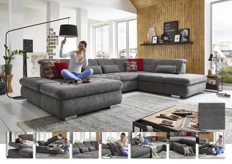Wohnlandschaft - Longchair links, 2-Sitzer, Ecke rechts in Stoff dunkelgrau