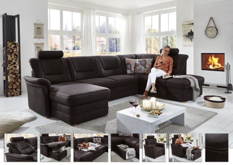 Wohnlandschaft - Longchair links, 2,5-Sitzer, Ecke rechts inkl. Schlaffunktion und Bettkasten, Microfaser Braun