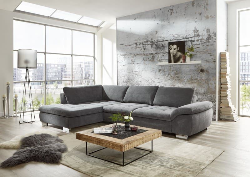 Ecksofa - Longchair links, 3-Sitzer, Stoff, Grau