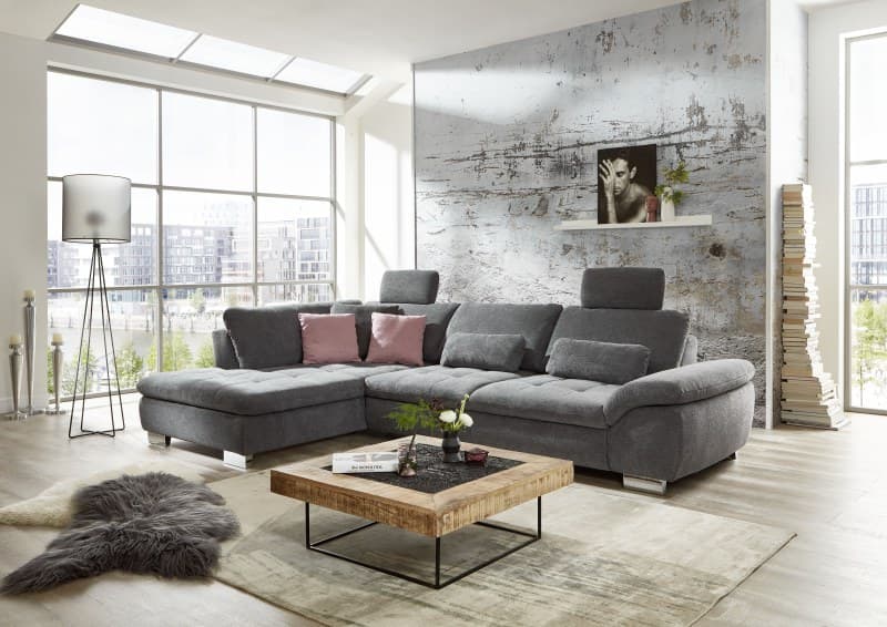 Ecksofa - Longchair links, 3-Sitzer inkl. Schlaffunktion mit Bettkasten, Armteilverstellung, Kopfstützen, Sitztiefenverstellung, Stoff, Grau