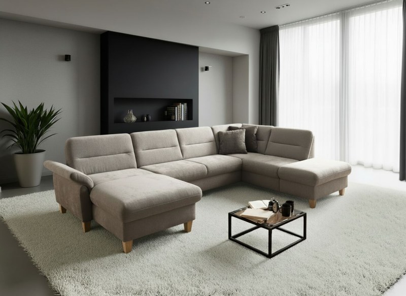 Wohnlandschaft - Longchair links mit 2,5-Sitzer und Ecke rechts, Stoff, Taupe