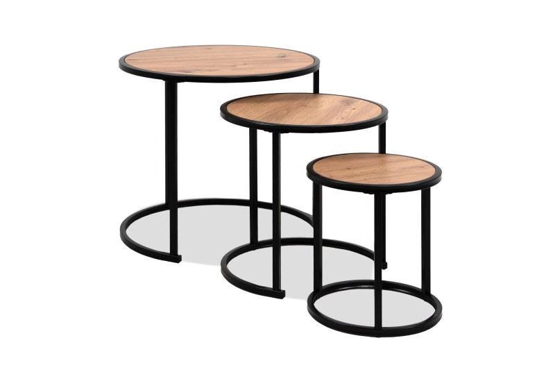 Beistelltisch - 3er Set, Eiche Dekor, Schwarz