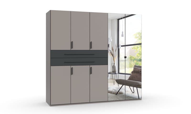 Drehtürenschrank- B ca. 225 cm, Saharagrau, Grafit, Spiegel