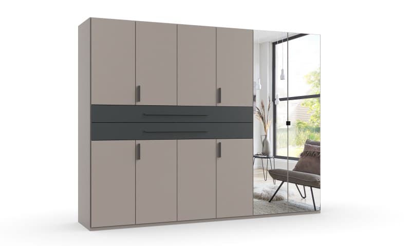 Drehtürenschrank- B ca. 270 cm, Saharagrau, Grafit, Spiegel