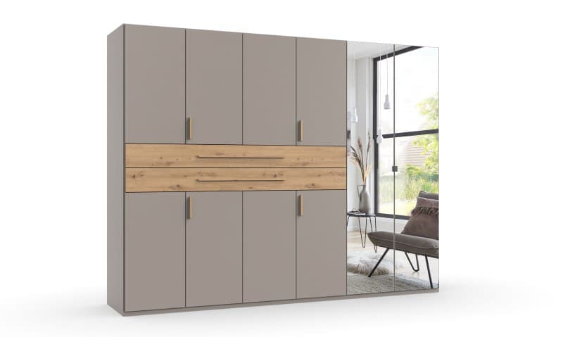 Drehtürenschrank- B ca. 270 cm, Saharagrau, Eiche Dekor, Spiegel