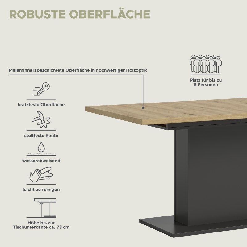 Esstisch - ausziehbar, LB ca. 150x90 cm, Artisan Eiche Nachbildung, Grau