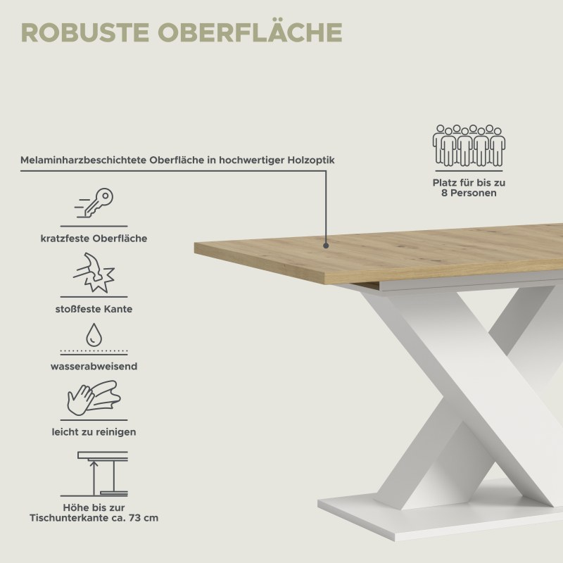 Esstisch - ausziehbar, LB ca. 150x90 cm, Artisan Eiche Nachbildung, Weiß