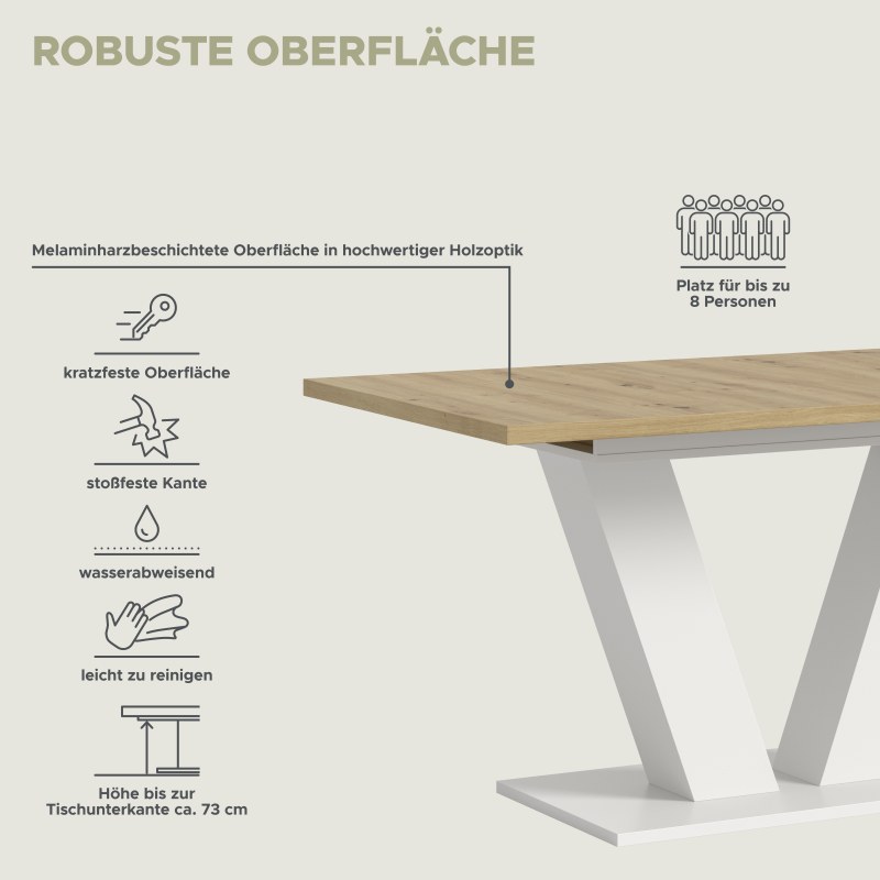 Esstisch - ausziehbar, LB ca. 150x90 cm, Artisan Eiche Nachbildung, Weiß
