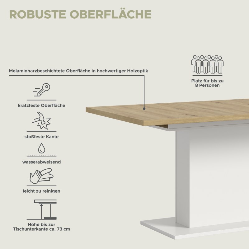 Esstisch - ausziehbar, LB ca. 150x90 cm, Artisan Eiche Nachbildung, Weiß