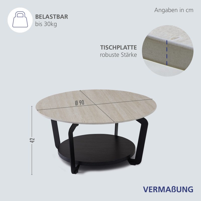 Couchtisch - Ø/H ca. 90x42 cm, Travertinoptik, Schwarz