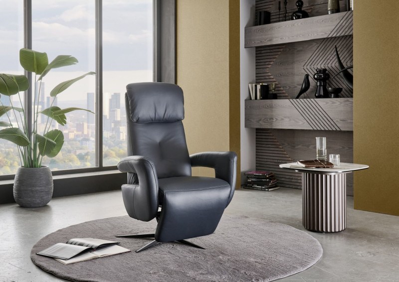 TV-Sessel - Größe M, Relaxfunktion, Kopfteil verstellbar, Leder, Dunkelblau