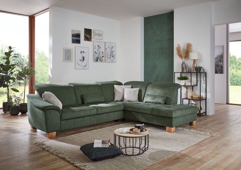 Ecksofa - 3-Sitzer mit Ecke rechts, Kopfteil verstellbar, Stoff, Moos