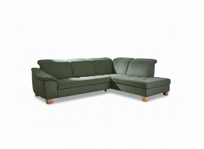 Ecksofa - 3-Sitzer mit Ecke rechts, Kopfteil verstellbar, Stoff, Moos