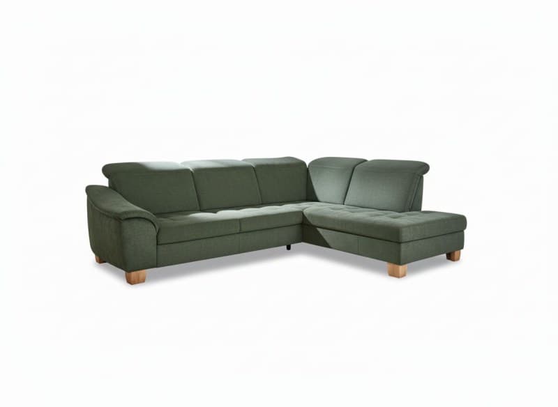 Ecksofa - 3-Sitzer mit Ecke rechts, Kopfteil verstellbar, Stoff, Moos