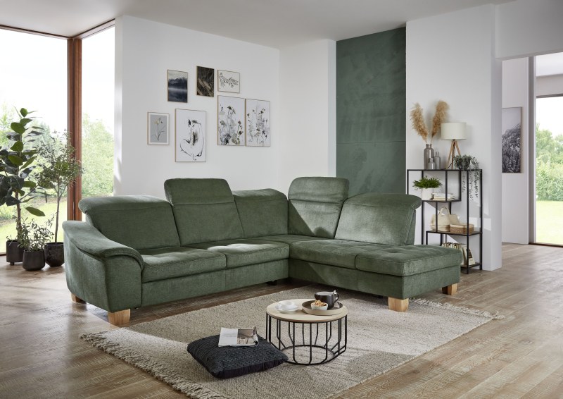 Ecksofa - 3-Sitzer mit Ecke rechts, Kopfteil verstellbar, Stoff, Moos