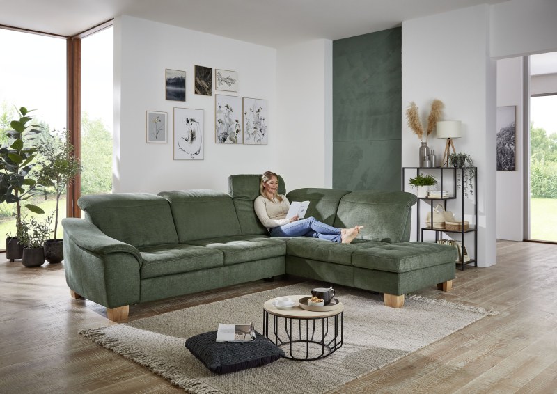 Ecksofa - 3-Sitzer mit Ecke rechts, Kopfteil verstellbar, Stoff, Moos
