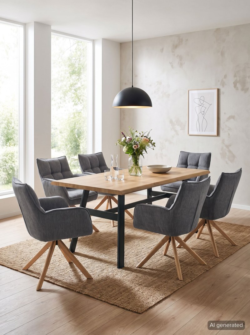 Esstisch - LB ca. 180x100 cm, Eiche hell Nachbildung, Schwarz