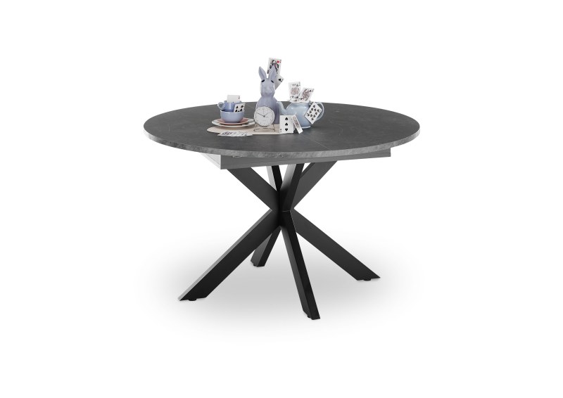 Esstisch - ausziehbar, Ø/H ca. 130x79 cm, Keramikoptik grau, Schwarz