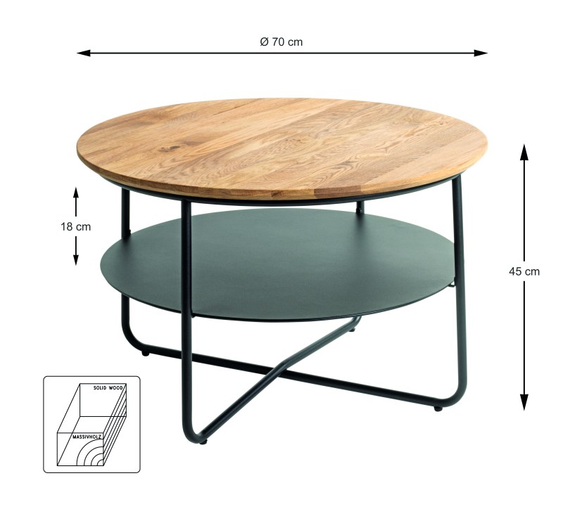 Couchtisch - Ø/H ca. 70x45 cm, Eiche massiv geölt, Schweizer Kante, Schwarz