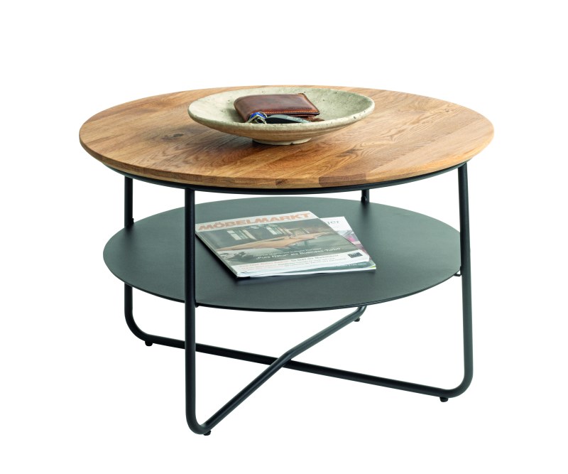 Couchtisch - Ø/H ca. 70x45 cm, Eiche massiv geölt, Schweizer Kante, Schwarz