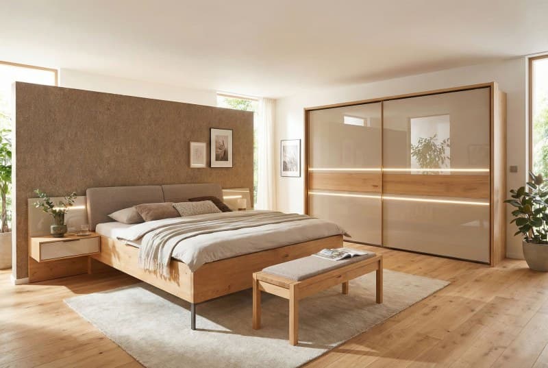 Schlafzimmer - mit Beleuchtung, Bianco-Eiche, Querriegel massiv, Glas Champagner