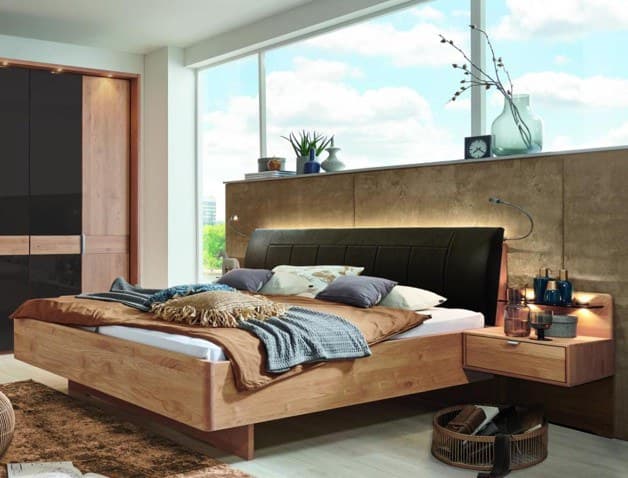 Komfortbett - Liegefläche ca. 180x200 cm, mit Nako und Beleuchtung, Erle teilmassiv, Mocca