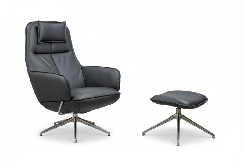 Drehsessel mit Hocker Set - Relaxfunktion, Leder, Schwarz