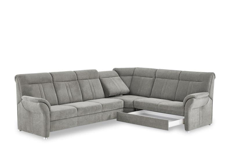 Ecksofa - 3-Sitzer mit Ecke rechts, Schlaffunktion mit Bettkasten, Stoff, Grau