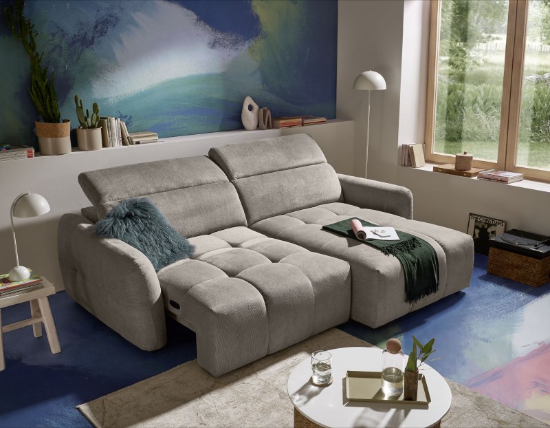 Ecksofa MADAN - 1,5-Sitzer mit Longchair rechts, Sitztiefe verstellbar motorisch, Kopfteil verstellbar, Stoff, Truffle