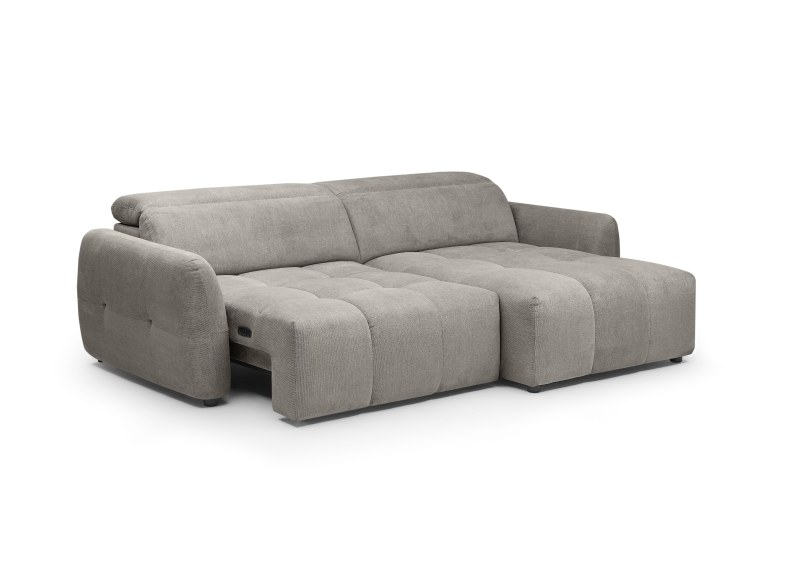 Ecksofa MADAN - 1,5-Sitzer mit Longchair rechts, Sitztiefe verstellbar motorisch, Kopfteil verstellbar, Stoff, Truffle