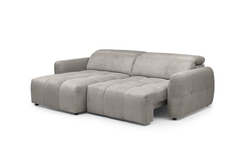 Ecksofa MADAN - 1,5-Sitzer mit Longchair rechts, Sitztiefe verstellbar motorisch, Kopfteil verstellbar, Stoff, Truffle