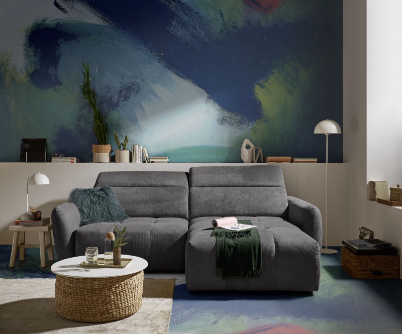 Ecksofa MADAN - 1,5-Sitzer mit Longchair rechts, Sitztiefe verstellbar motorisch, Kopfteil verstellbar, Stoff, Graphite