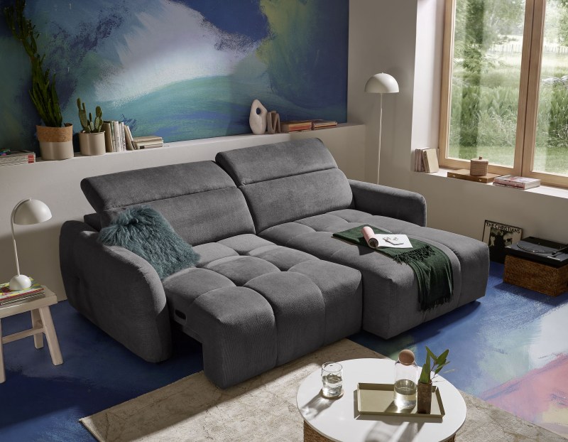 Ecksofa MADAN - 1,5-Sitzer mit Longchair rechts, Sitztiefe verstellbar motorisch, Kopfteil verstellbar, Stoff, Graphite
