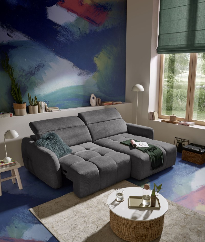 Ecksofa MADAN - 1,5-Sitzer mit Longchair rechts, Sitztiefe verstellbar motorisch, Kopfteil verstellbar, Stoff, Graphite