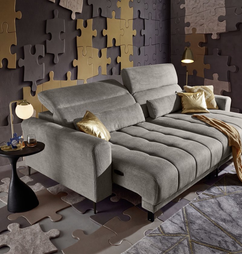 Ecksofa MINAO - 1,5-Sitzer mit Longchair rechts, Sitztiefe verstellbar motorisch, Kopfteil verstellbar, Stoff, Truffle