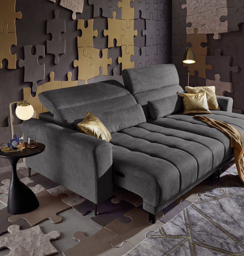 Ecksofa MINAO - 1,5-Sitzer mit Longchair rechts, Sitztiefe verstellbar motorisch, Kopfteil verstellbar, Stoff, Graphite
