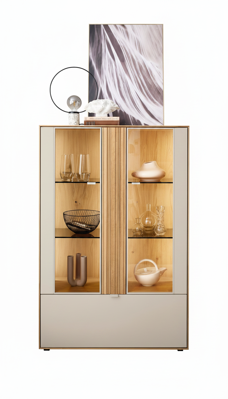 Highboard mit Beleuchtung - Wildeiche massiv, Absetzungen Perla