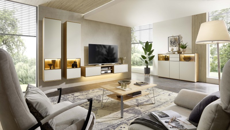 Wohnwand mit Beleuchtung - Risseiche, Sandbeige