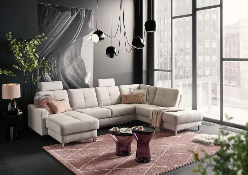 Wohnlandschaft - Longchair links mit 2-Sitzer und Ecke rechts, Stoff, Silbergrau