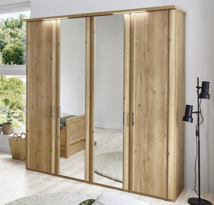 Drehtürenschrank - B ca. 200  cm,  Bianco-Eiche Nachbildung, Mittig Kristall-Spiegeltüren