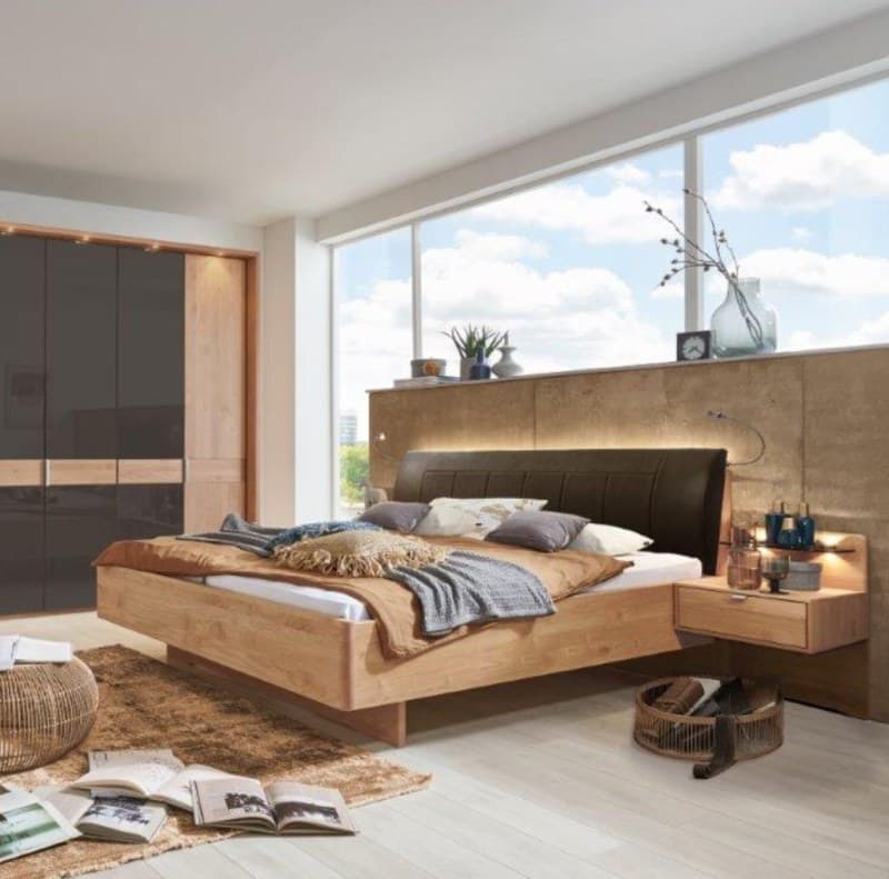 Komfortbett - Liegefläche ca. 180x200 cm, Erle Teilmassiv, Front Nako Masivholz, Kopfteil Kunstleder Mocca