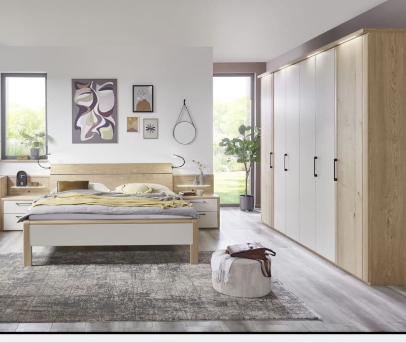 Schlafzimmer - Balkeneiche Lack Sand, Lack Weiß